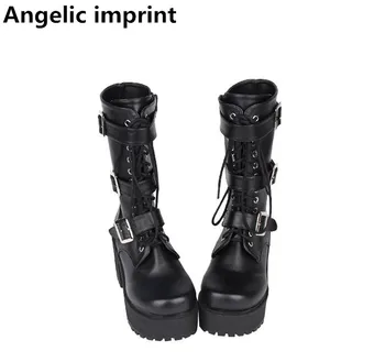 

Angelic imprint mori girl Women motorcycle shoes lady high heels lolita punk boots woman princess dress pumps buckles 35-40 8cm