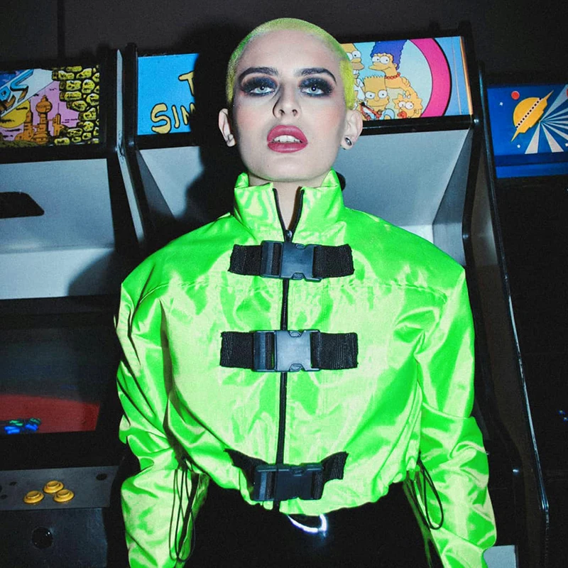 Very best  InstaHot Green High Street Buckle Jacket Cropped Top Zip Up Pocket Stand Collar Bomber Jacket Autum