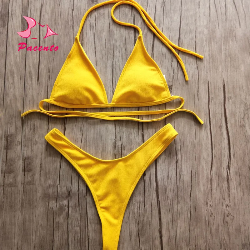 Pacento Sexy Women Bandage Bikini Set Halter Swimsuit High Waist Solid Swimwear Female Thong Bathing Suit Bottoms Buquini Micro Pacento Sexy Women Bandage Bikini Set Halter Swimsuit High Waist Solid Swimwear Female Thong Bathing Suit Bottoms Buquini Micro