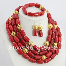 Очаровательная африканская бижутерия 4 ряда Красные Коралловые бусины свадебные комплекты ювелирных изделий комплект коралловых украшений CJ071