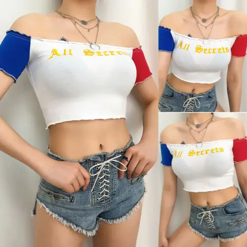Летние женские обтягивающая, с открытыми плечами красные синие рукава Midriff-Baring Top Повседневная короткая белая футболка