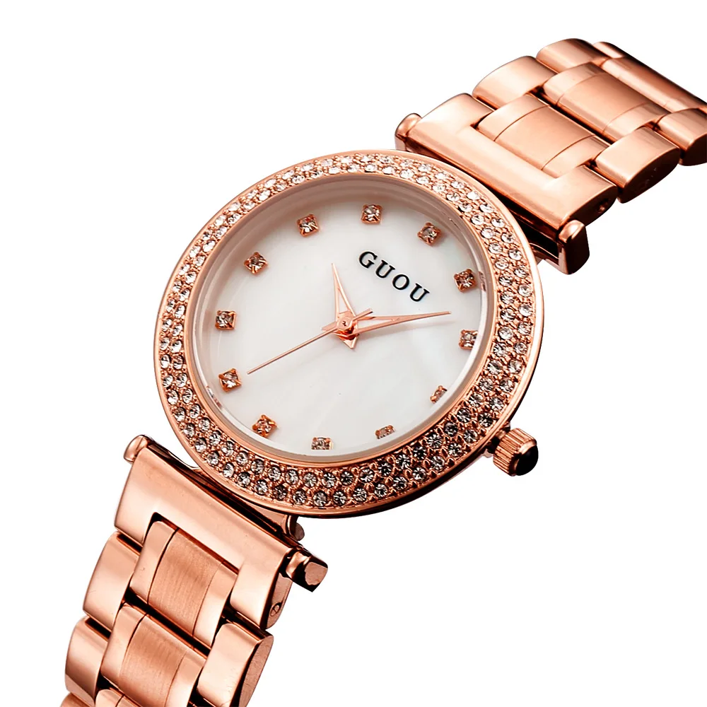 Guou Роскошные Брендовые женские часы 50 м водостойкие модные новые женские часы из натуральной кварцевые часы из розового золота