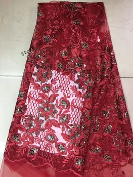 

Red lace fabric glitter sequins fabric french lace with sequins high quality for evening dresses 5 yard/lot BZL-1214147
