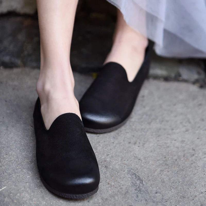 

Artmu Vintage Spring Deep Mouth Single Shoes Handmade Genuine Leather Loafers Flats Shoes Soft Soles Women Shoes Round Toe Shoes