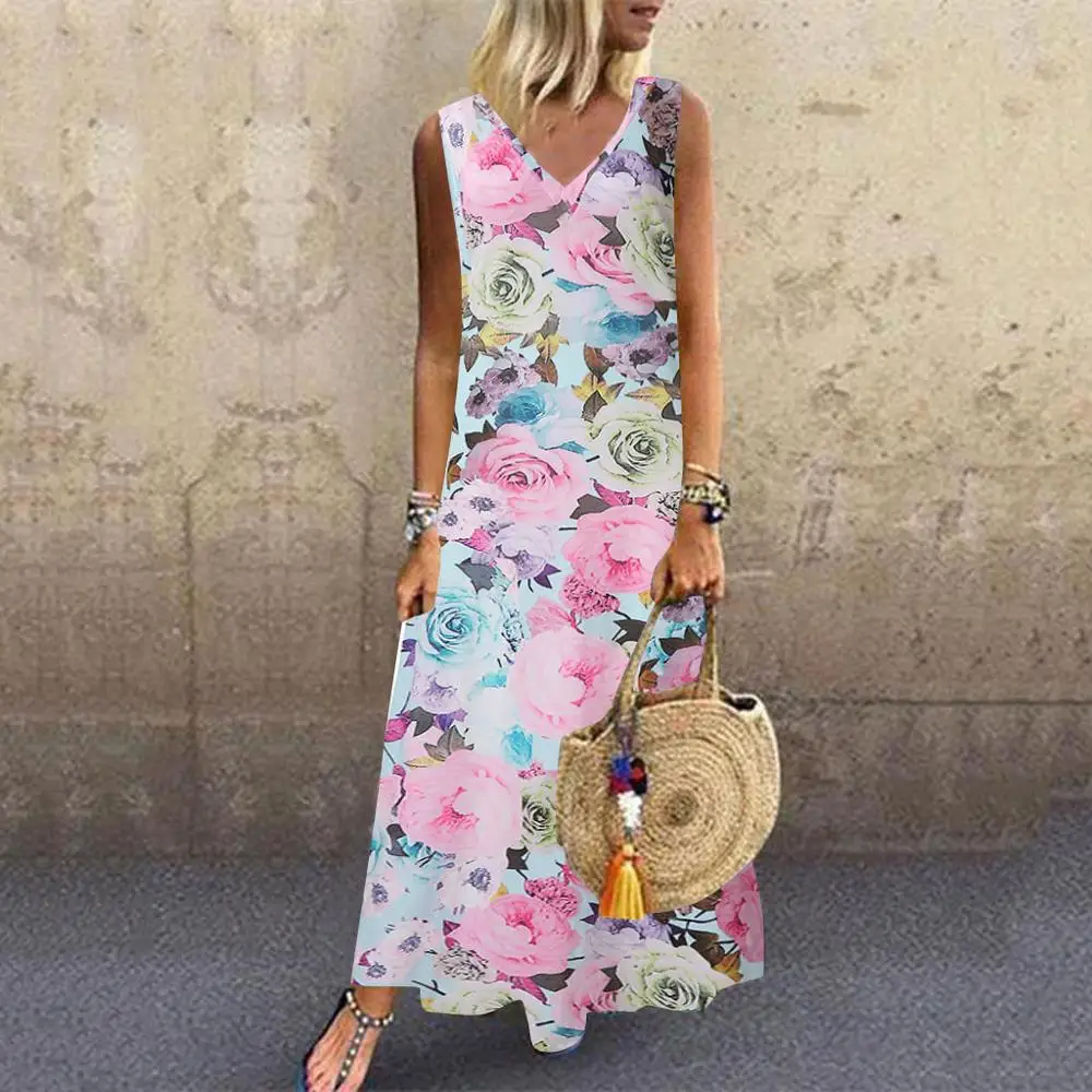 

boho Women maxi dress Casual summer Print V neck Dress Sleeveless Loose Party loose plus size Long Dress Casual