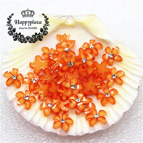 100pcs 10mm Glitter Rhinestone Resin Five-Petal Little Flowers Resin Flatback Cabochon DIY Jewelry/Phone Decoration - Цвет: orange 100pcs