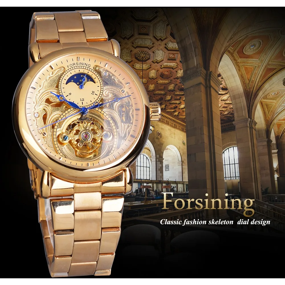 Forsining автоматические механические бизнес часы мужские часы Золотая фаза Луны стальной ремешок наручные часы Лидирующий бренд Relogio Masculino