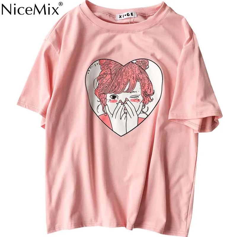 

NiceMix 2019 Summer Kawaii Women Tops Print Cartoon Girl Female Harajuku Pink Short Sleeve Tee Shirt Loose T-shirts Femme
