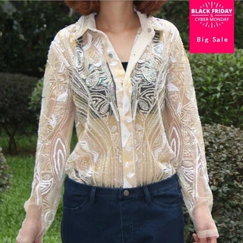 

Autumn and winter new fashion brand beading lace sequins shirt long-sleeved ladies Slim was thin cardigan blouse w1999