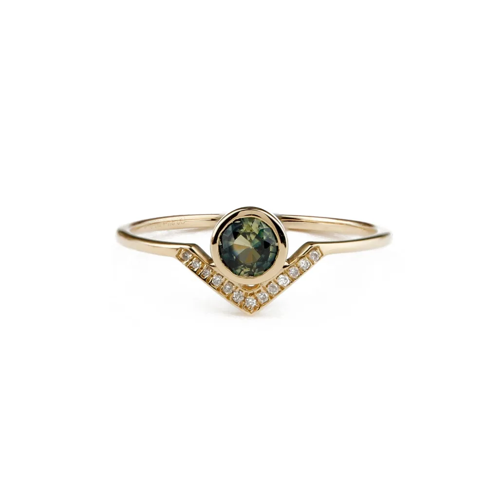 Lasamero круглой огранки 0.37ct Натуральный Зеленый Сапфир Драгоценный Алмаз 18 К желтое золото Акценты Винтаж Стиль Свадебные Обручение кольцо