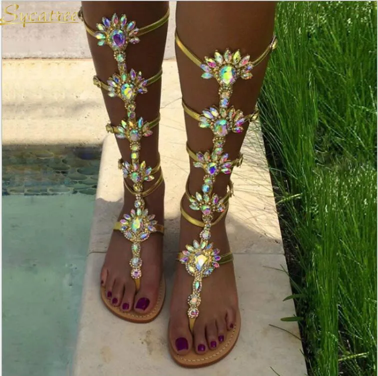 

Sycatree 2019 Summer Flats Sandal Gladiator Gold Rhinestone Knee High Buckle Strap Woman Boots Bohemia Style Crystal Beach Shoes