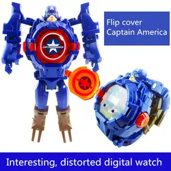 Инновационные детские игрушки часы Мстители флип преобразования цифровой Человек-паук Капитан Америка Халк Железный человек ребенок