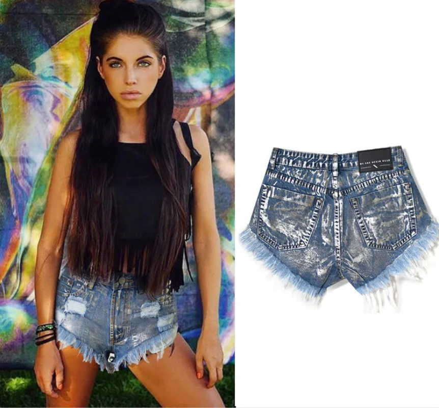 High Waist Jeans Shorts Women Rivets Hole Tassel Denim