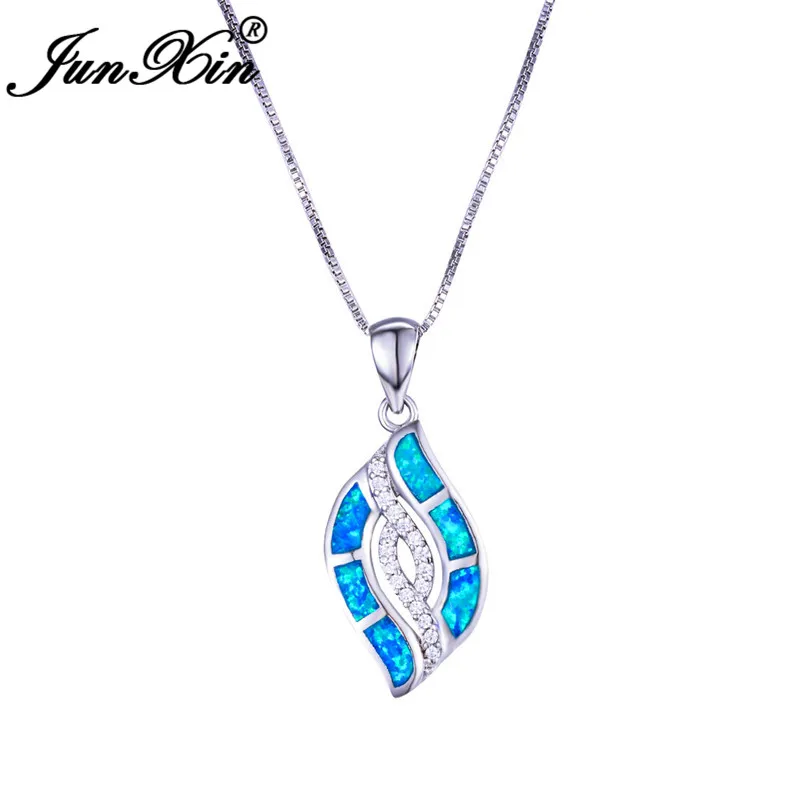 JUNXIN Plant Tree Leaf Pendant Blue White Fire Opal Necklaces For Women Silver Color Zircon Infinity Necklace Wedding Gifts | Украшения и