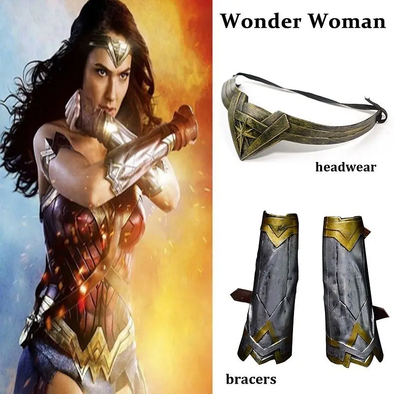 

2017 Wonder Woman Wristbands Bracers Gauntlets Gloves Headwear Headband Bracelet Set Costume Movie Cosplay Props Accessories
