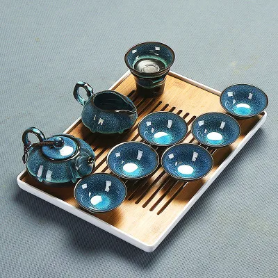 Китайский чайный набор кунг-фу голубая Янтарная глазурь керамическая крышка миска чайник чайная чашка чайная стирка чайный набор домашний простой чайный набор - Цвет: 08 Sets