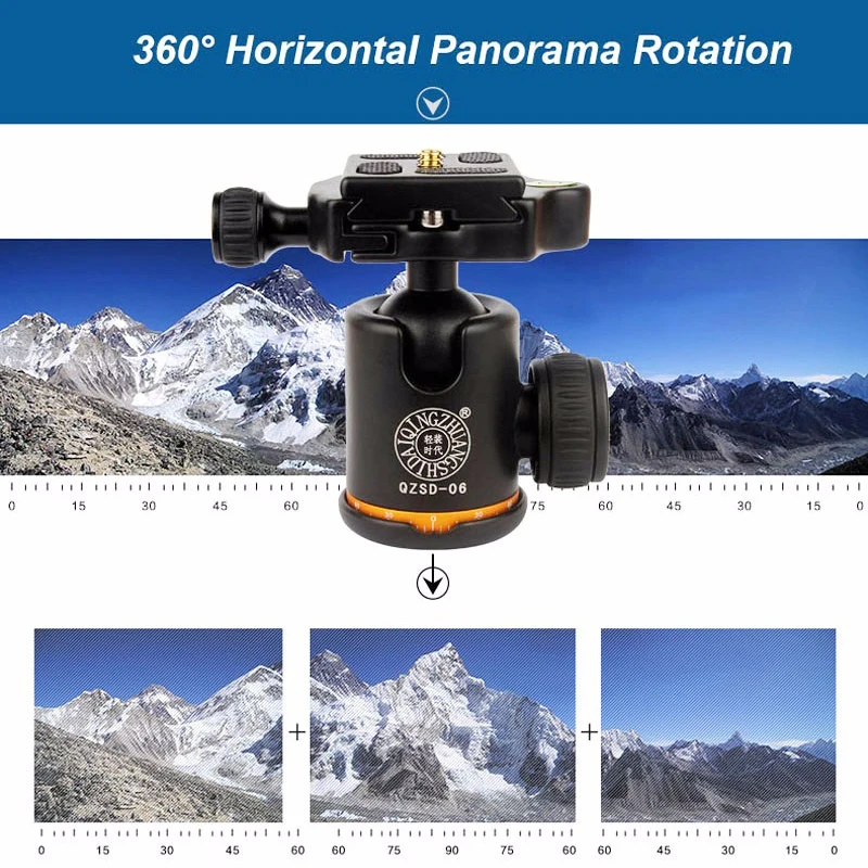 Алюминиевая панорамная шаровая Головка 360 градусов с быстроразъемной пластиной 1/" до 3/8" винтовая гайка Максимальная нагрузка 6 кг камера видео Q06 штатив