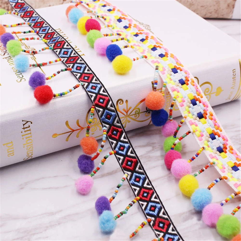 

1 Meter Rainbow Lace Ribbon Sewing Accessories Pom Pom Bobble Tassel Pompons Trim Ball Fringe Embroidery DIY Apparel Fabric Cord