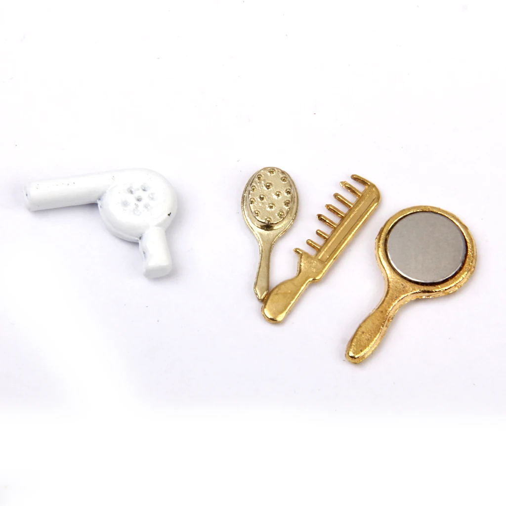 4pcs Dolls House Miniature 1:12 Plastic Hair Dryer, Mirror & Comb Bathroom Supplies Set