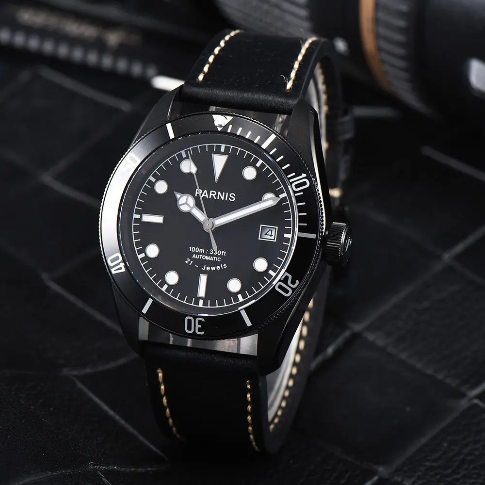  Luxury Brand parnis mens 41mm Black Dial PVD Sapphire Glass Rotating Bezel Luminous Hands Miyota Au