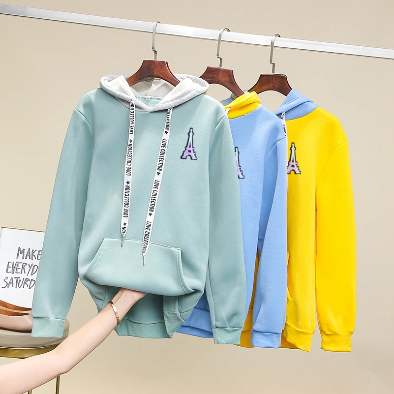 

LANSHANQUE S-xxxl Autumn And Winter Printing Hoodies Women Fleece Harajuku Sweatshirt Solid Color Large Size Women Tops