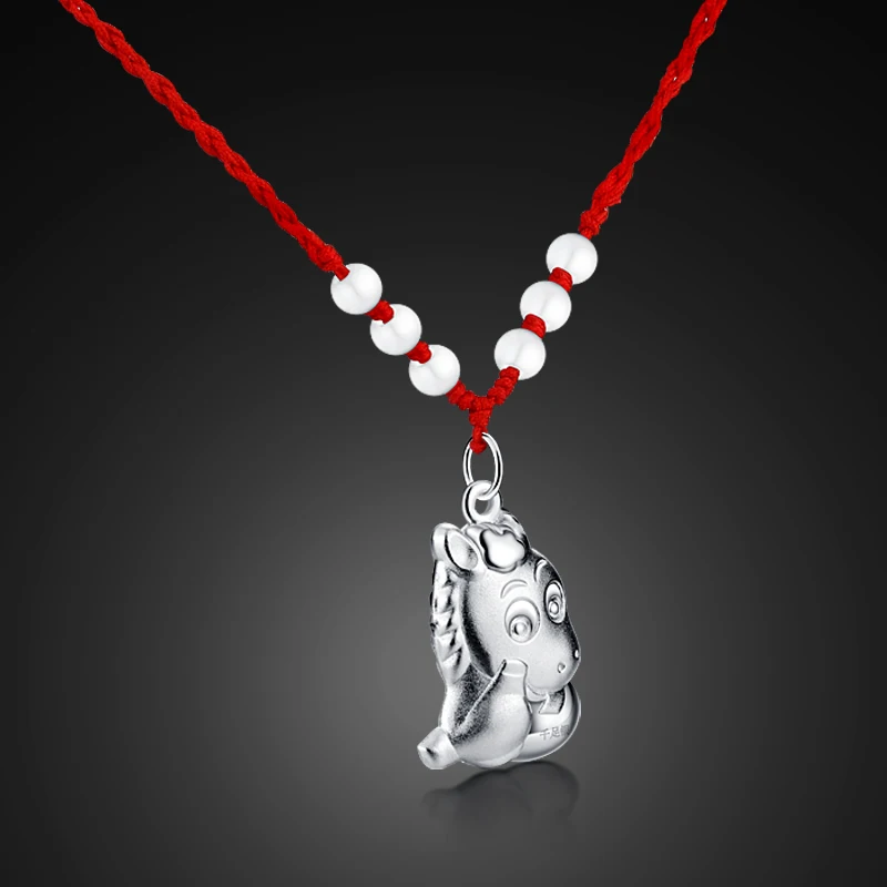 

Ethnic style solid silver cute pony pendant 925 sterling silver pendant red rope necklace simple female charm jewelry best gift