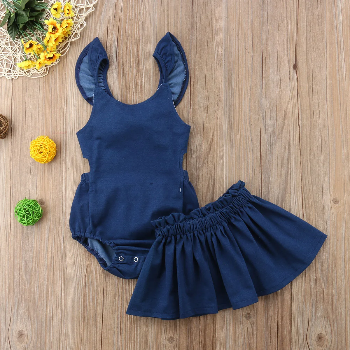 Toddler Baby Girls Denim Dress Bodysuit Jumpsuit Outfits Clothes
