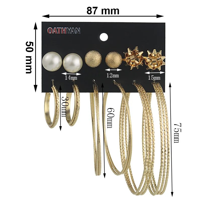 OATHYAN 6 пар/компл. персонализированные оверсайз сердца серьги в виде колец, наборы микс для Для женщин круглый звезда Многослойные Золото Цвет большие серьги
