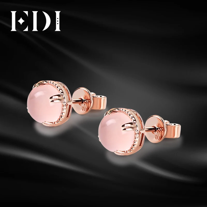 EDI 7mm Natural Round Rose Quartz Earrings 100% 925 Sterling Silver Stud Earrings For Women Fine Jewelry Simple Design Girl Gift