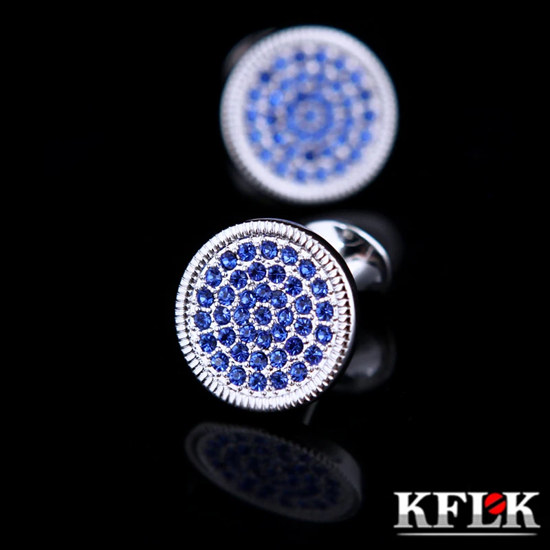 

Kflk Jewelry Round Shirt Cufflinks For Men Gift Brand Cuff Button Blue Crystal Cuff Link High Quality Abotoadura Free Shipping