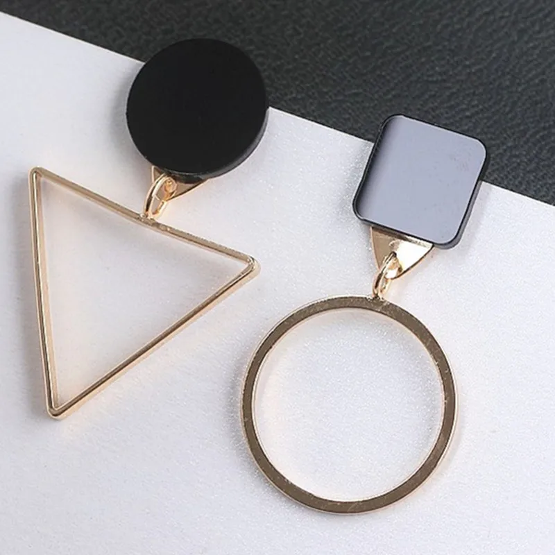 

Fashion Luxury Asymmetric Geometry Silver Pendant Earrings Women Simple Triangle Round Geometric Asymmetric Black Earrings