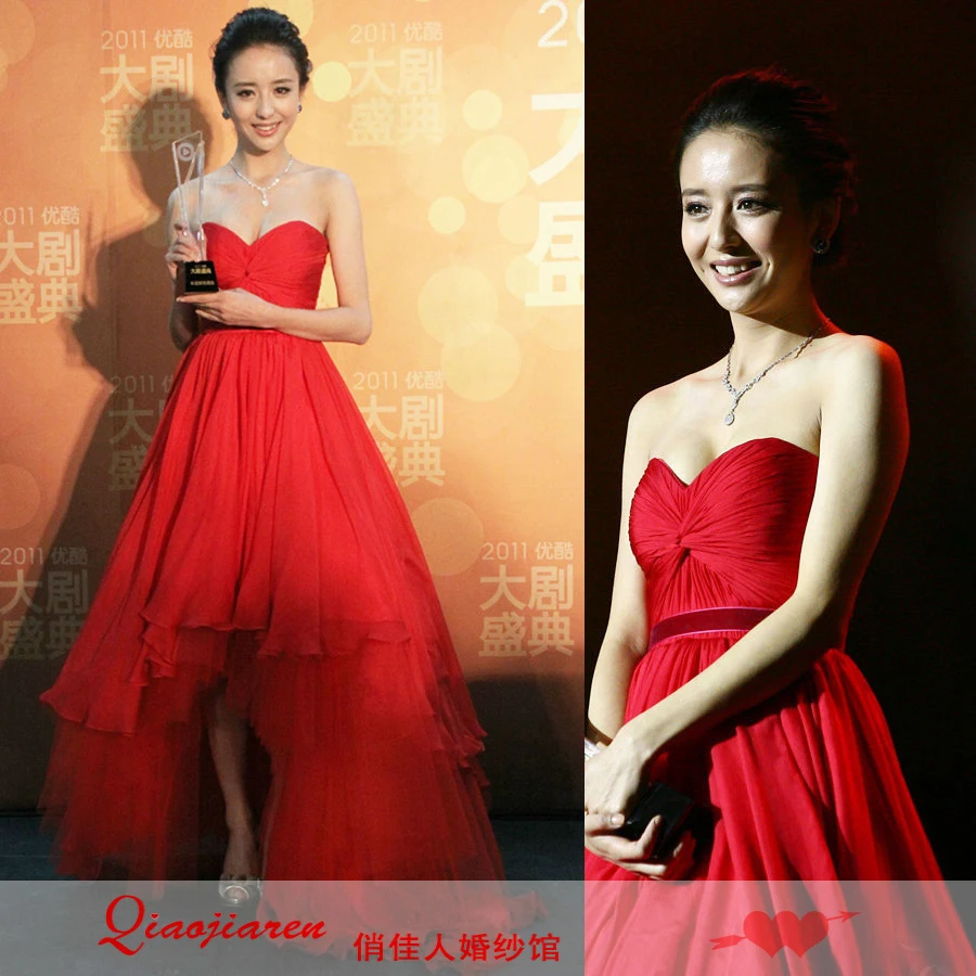 

bandage dress 2014 new arrival Sexy custom low-high tube top chiffon corsets with sleeves full sweetheart red Celebrity Dresses