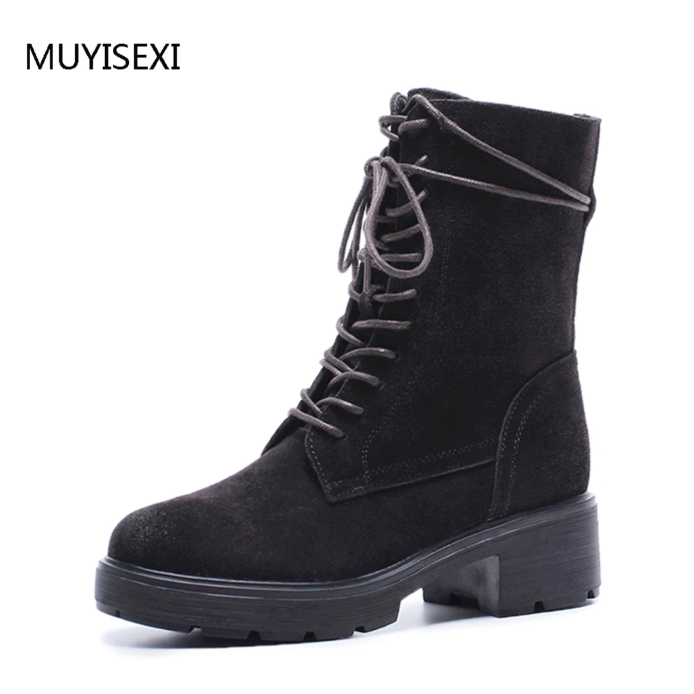 

Genuine Leather Boots Black Round Toe Martin Boots Zipper Short Plush Warm Winter Motorcycle boots Brown AM15 MUYISEXI