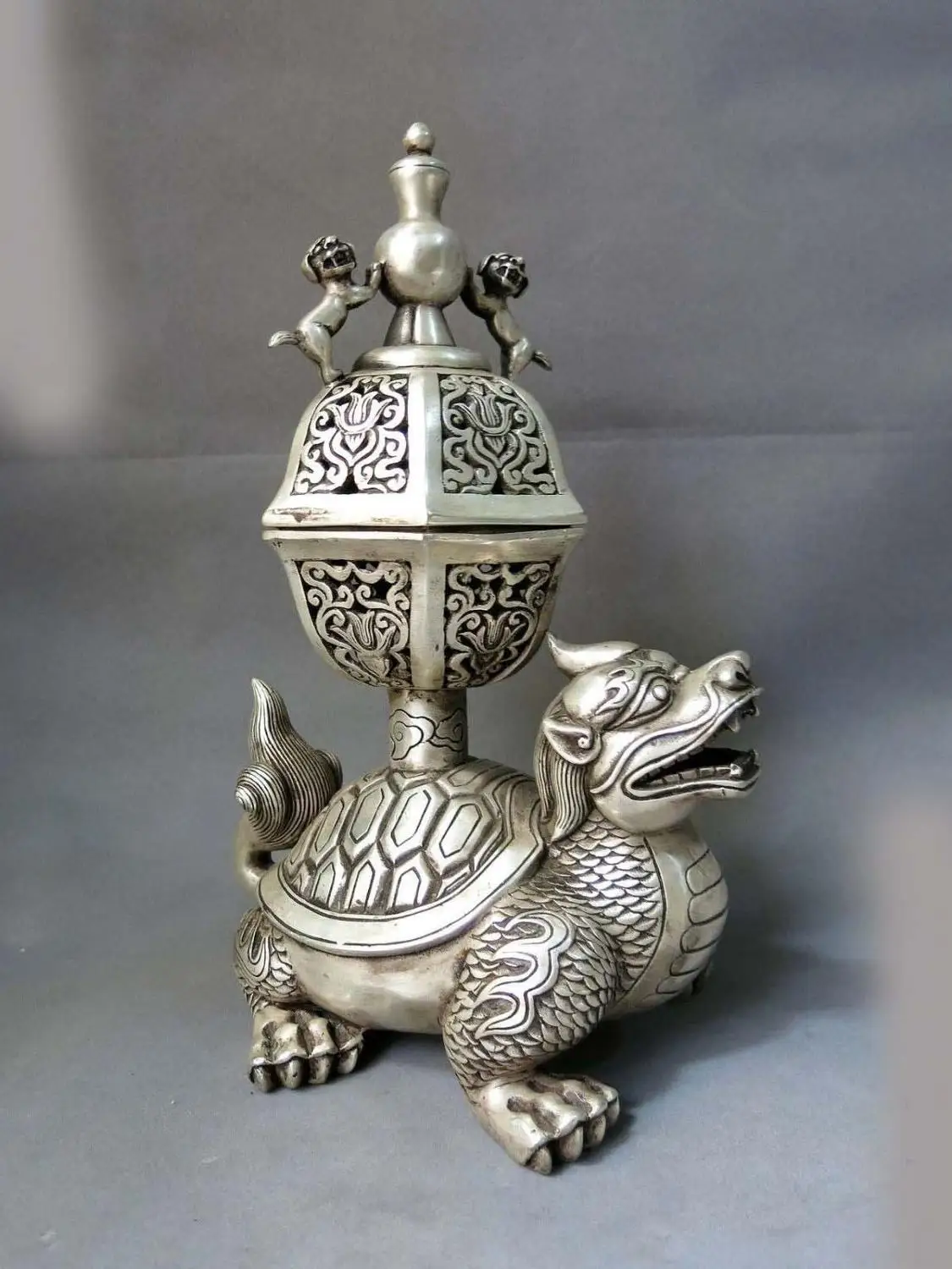 

12" China silver fine censer Foo Dog Lion Dragon Turtle incense burner Statue (D0426)