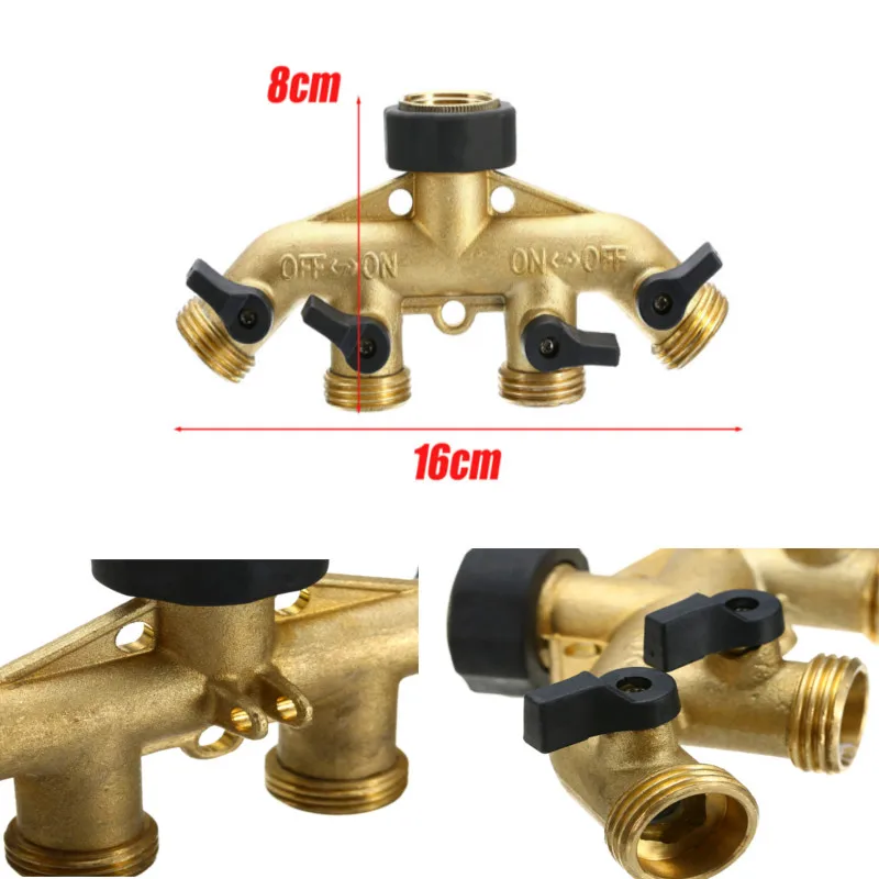 Brass Garden 4 Way Tap Connector 3/4inch Hose Connectors Quick Connectors Splitter Watering Irrigation Tool for Garden Supplies