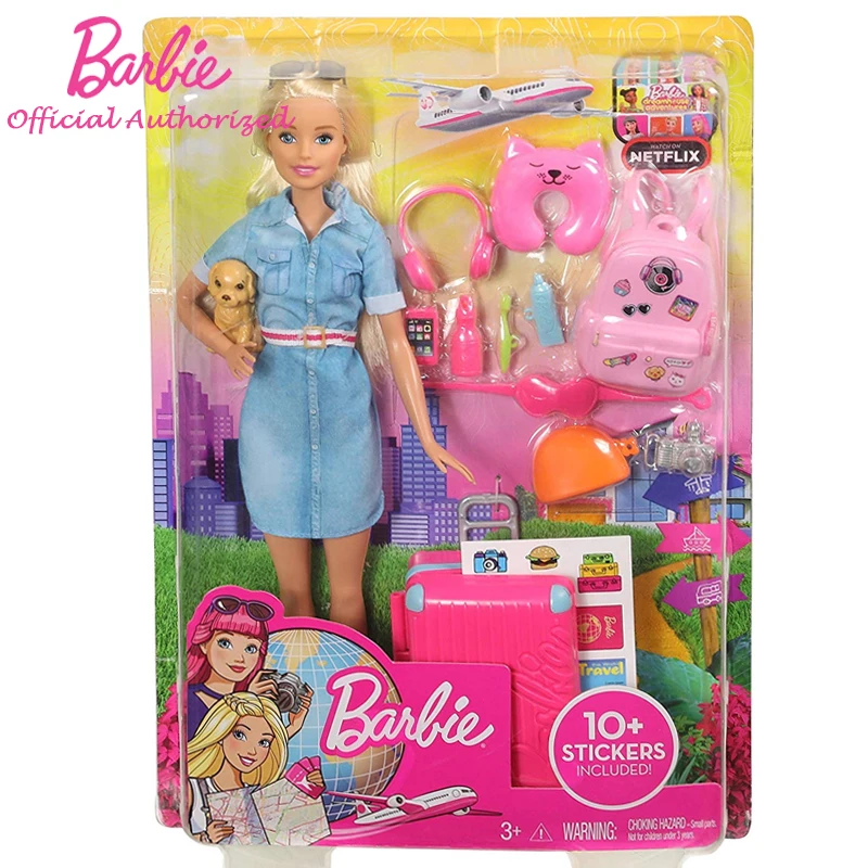 Брендовая игрушка Барби, игрушка для путешествий, кукла и щенок, Детский чемодан, игрушка для девочек, подарок с забавными аксессуарами, длинные волосы, красивая девочка FWV25