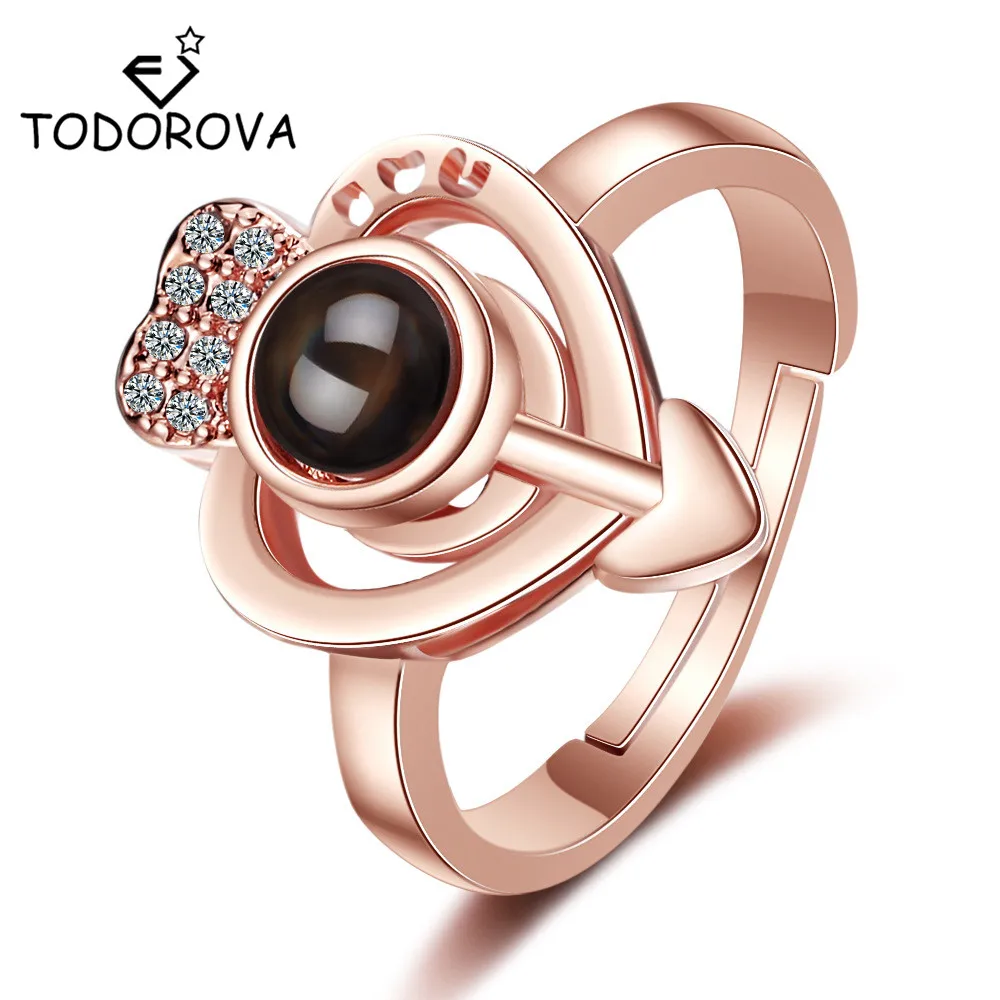 

Todorova New 100 Languages I Love You Projection Memory Arrow Heart Zircon Ring Rose Gold Engagement Wedding Rings Women Jewelry