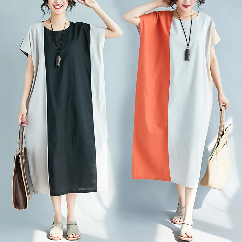 

BIG SIZE 5XL NEW Summer Women European Fashion Color Block Tops Ladies Female Plus Large Long Casual Cotton Linen Robe Dress