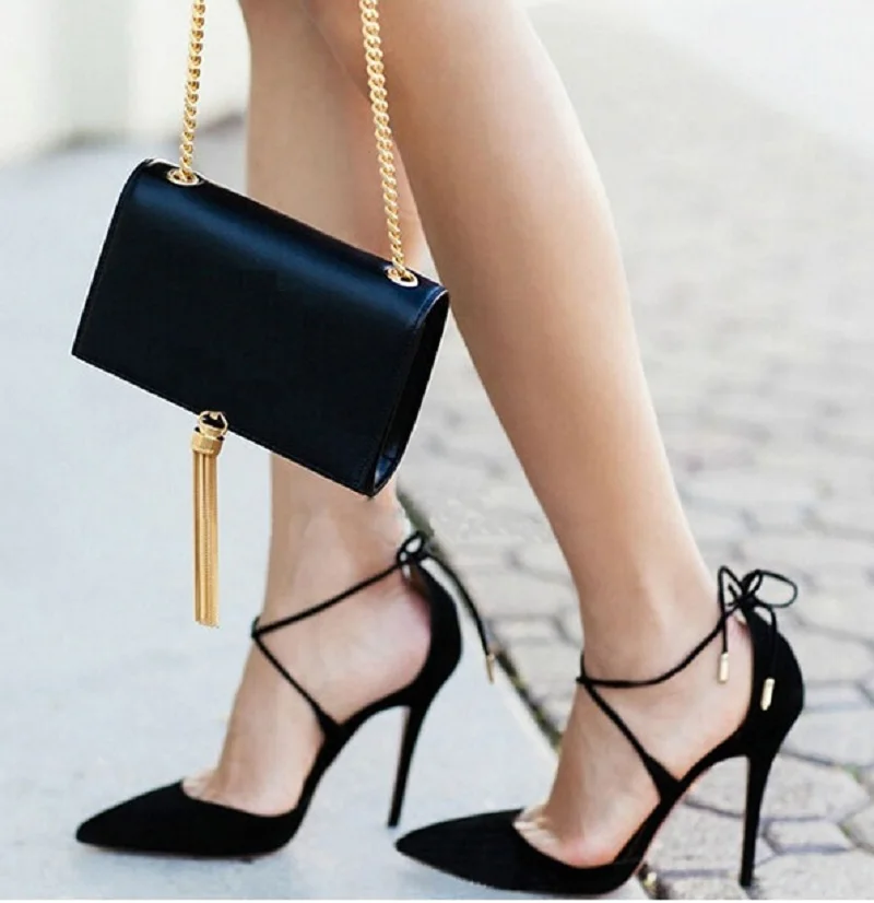 

New Women Pumps Super Slim Sexy Lace Up Foot Pointed Stiletto black Womens High Heels Shoes 2016