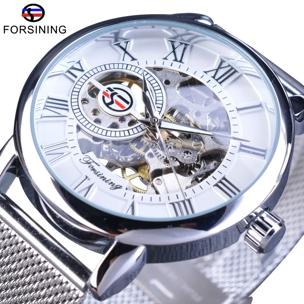 Forsining Mechanical Wristwatch for Men Silver Stainless Steel Band Fashion Retro Skeleton Clock Hook Buckle Men's Watches