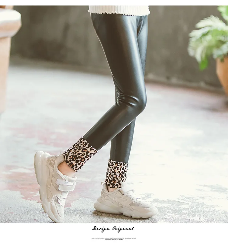 black faux leather leopard girls winter warm leggings 14 years old teenage fashion clothing children pants