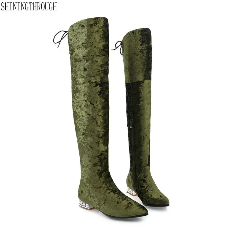 

2018 Low Heel Women boots Over The Knee Boots flock Pointed Toe Woman Motorcycle Boots large Size 34-43