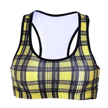 

Women Yellow Plaid Print Fitness Short Vest Workout Wireless Underwear Seamless Stretch Tank Top Hiphop Soft Bra