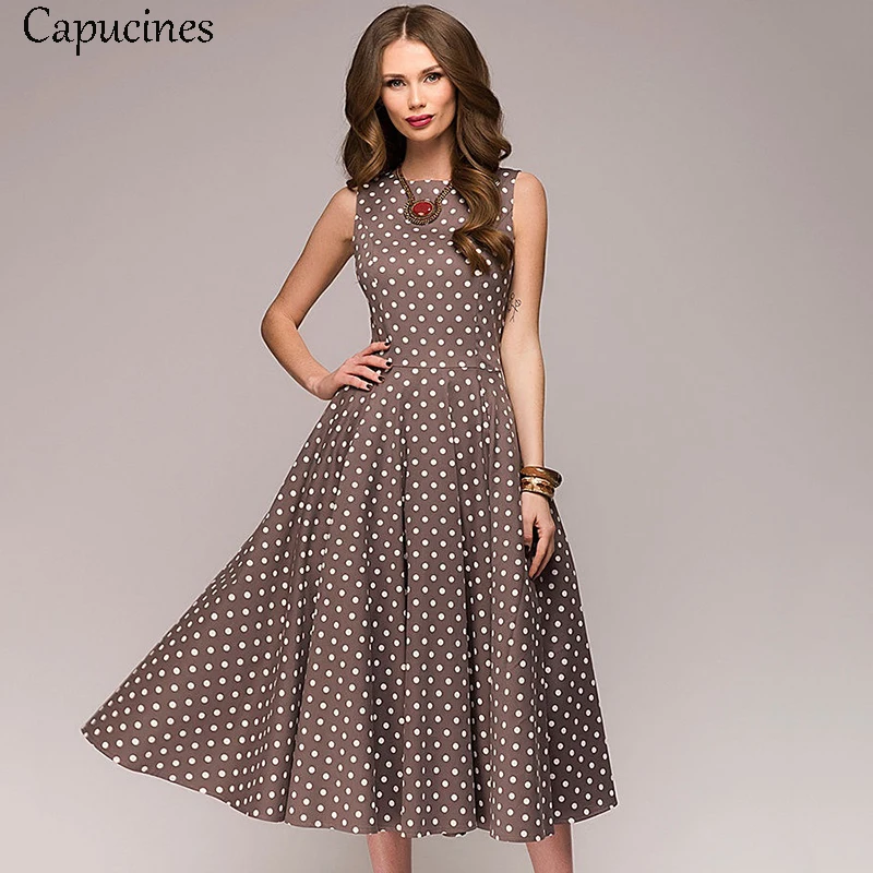 Capucines Elegant Vintage Dot Printing A-Line Dress Women Summer Sleeveless O-Neck Mid-Calf Casual Dress Female Vestidos