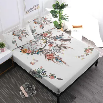 

Boho Dreamcatcher Sheet Set Girls Dream Catcher Bedding Flowers Print Fitted Sheet Flat Sheet Pillowcase