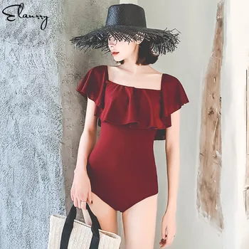 

Women Swimsuit One Piece Solid Sexy Off Shoulder Flouching Monokini Vintage Push Up Solid Bathing Suits 2019 Newest