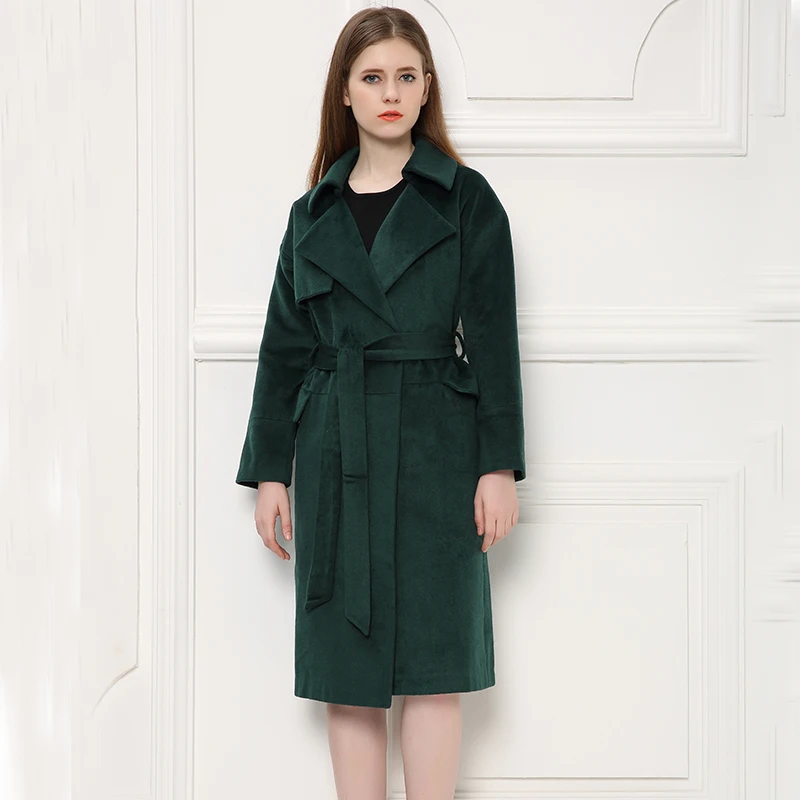 Elegant Turn down Collar Blackgreen Ladies Woolen Jacket, Extra Long Design Women Winter Wool 