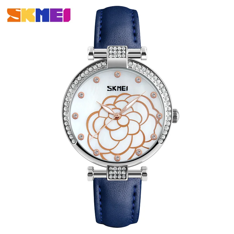 

SKMEI Top Fashion Women Watch Rhinestones Shell Dial Unique Ladies Quartz Watches Genuine Leather Water Resistant Wristwatch