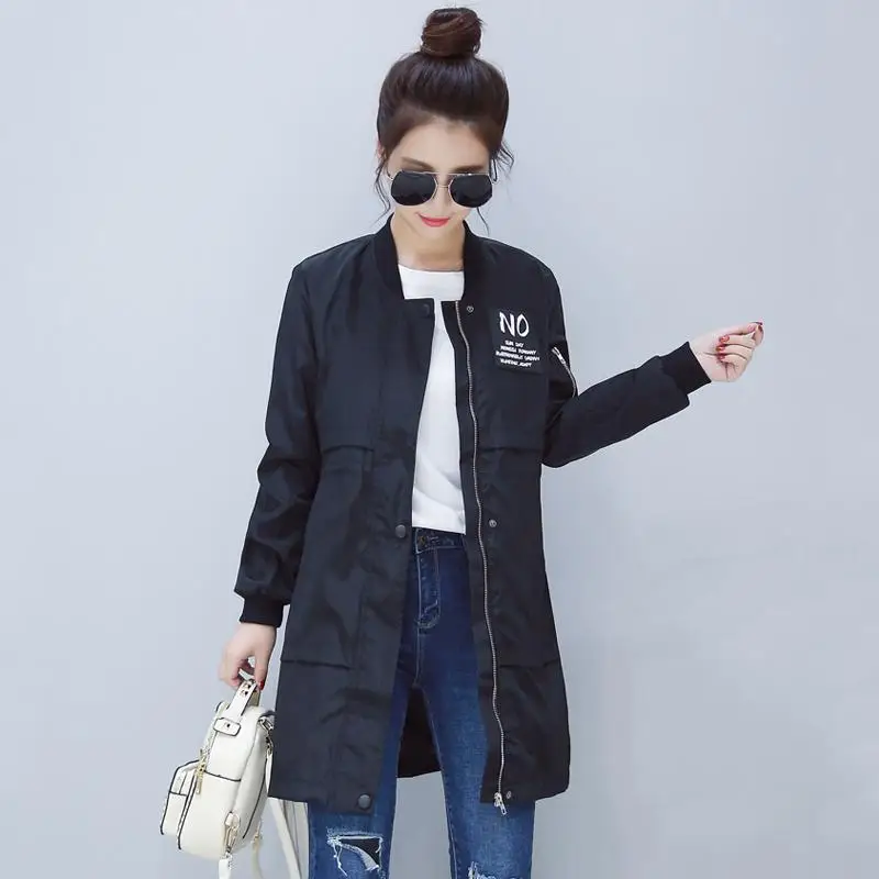 Ly Varey Lin Женская ветровка, пальто, Повседневная тонкая куртка с круглым вырезом и длинным рукавом, средней длины, пальто с буквенным принтом, женская верхняя одежда - Цвет: Black