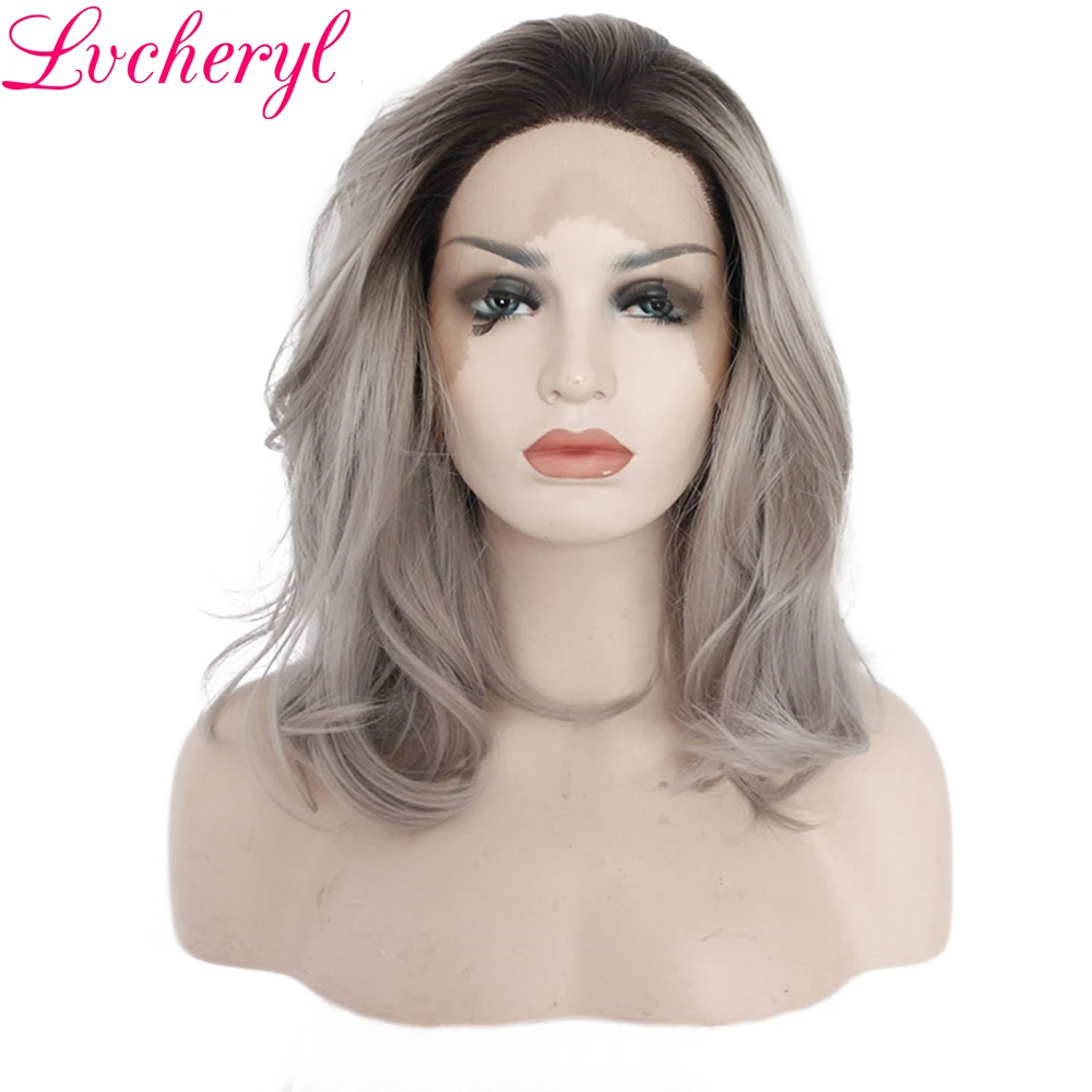 Lvcheryl Glueless Synthetic Ombre Grey Short Wavy Bob Type Full Density